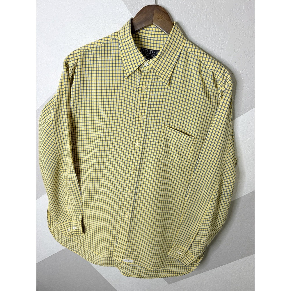 Vintage Ted Baker Shirt Specialist London Mens 4 Yellow Blue Check Button Up XL - Picture 4 of 16